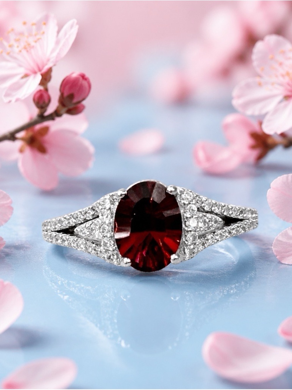 RARE Malawi Red Garnet Ring Rhodium over 925 S.Silver. Size 7, BRAND NEW!